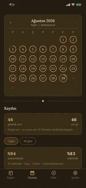 Gece kâğıdı temasında Bugün ekranı: aynı düzen, koyu sıcak parşömen üzerinde aydınlatılmış altın vurgularla.