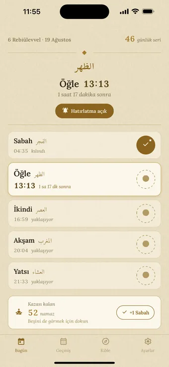 Simple Prayer'ın aydınlık kâğıt temasındaki Bugün ekranı: hicri ve miladi tarih, günlük seri, sıradaki vakte canlı geri sayım ve her biri yuvarlak mühürlü beş namaz satırı.