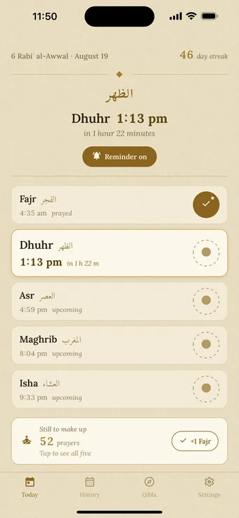 Simple Prayer's Today screen in the light paper theme: Hijri and Gregorian dates, the day streak, a live countdown to the next prayer, and the five prayer rows each with a round seal.