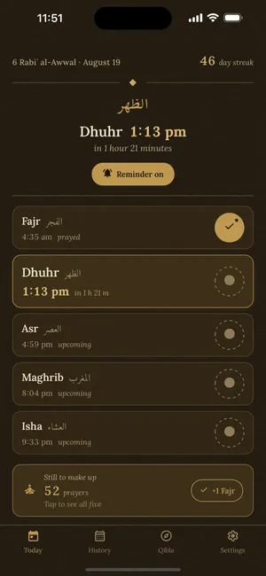 The Today screen in the dark theme: the same layout on deep warm parchment with lit gold accents.