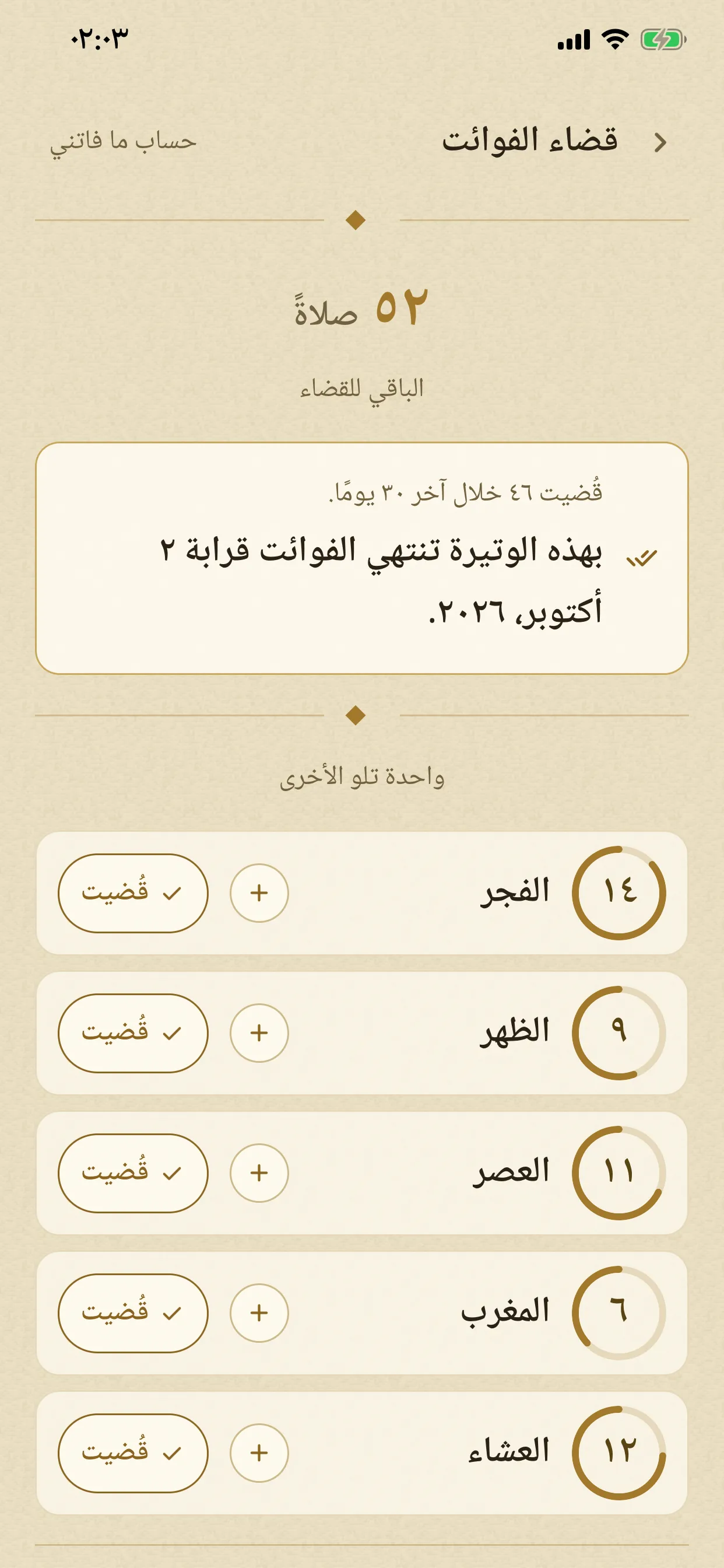 شاشة قضاء الفوائت: عدّادات تنازلية لكل صلاة مع الوتيرة الأخيرة والتاريخ المتوقع لإتمام القضاء.